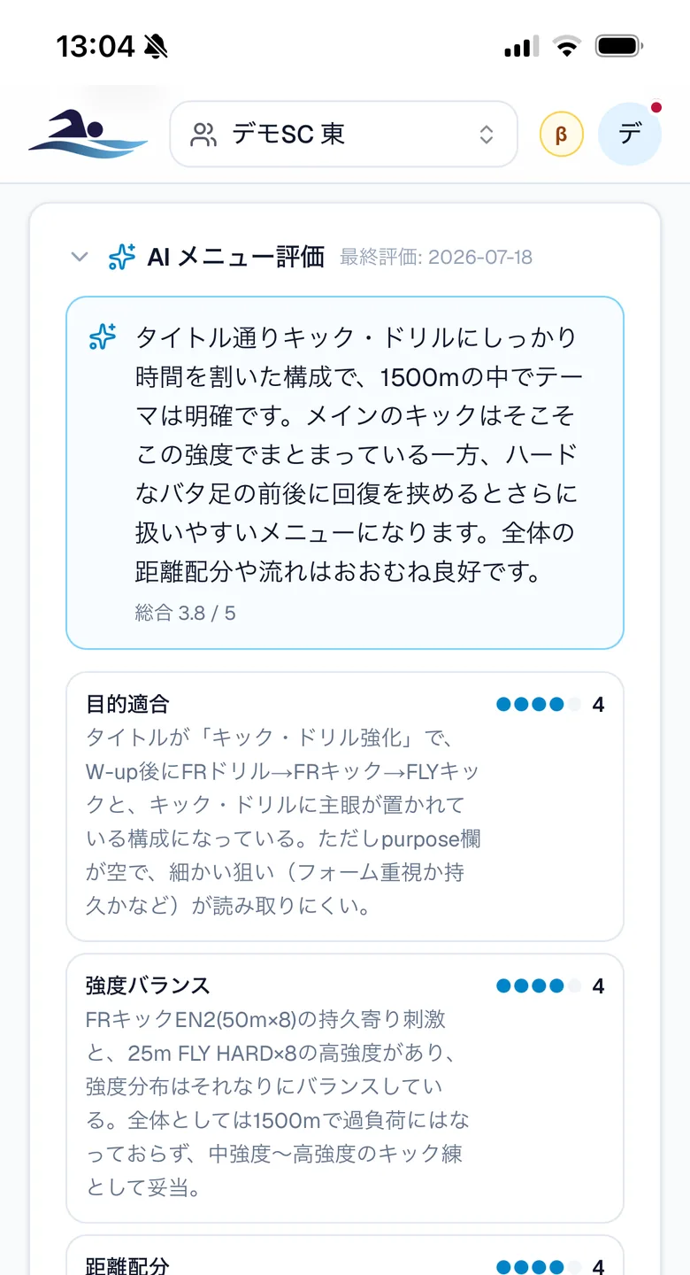 AI メニュー評価画面。総合 3.8/5 の講評と、目的適合・強度バランス・距離配分などの観点別スコア(各 4)と所見